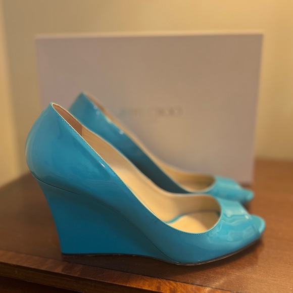 Jimmy Choo Turquoise Baxen Peep Toe Wedge Pump - Picture 7 of 9